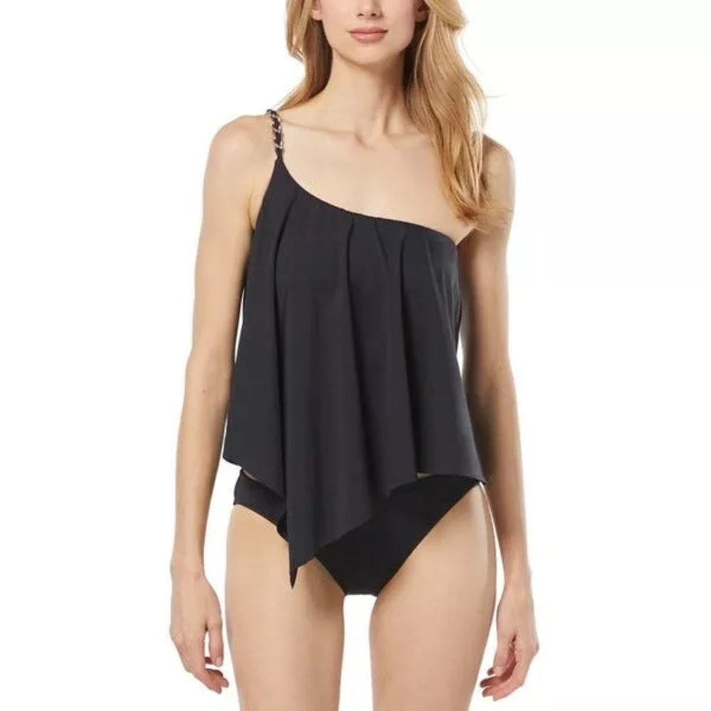 Michael Kors Signature Black Solids Logo Chain One Shoulder Tankini Top | NEW!🖤